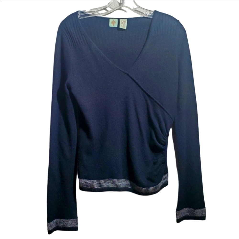 ANTHROPOLOGIE / HWR Wrap Sweater Womens XS Black with White Detailing Boho Chic